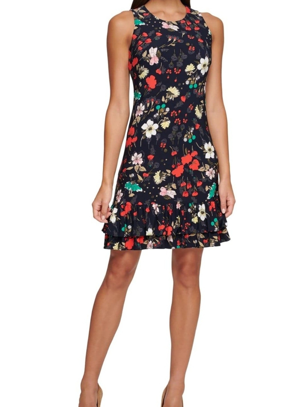 Tommy Hilfiger Navy Floral Ruffle-Hem Midi Dress